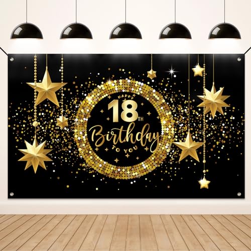 Koliphy 18. Geburtstag Deko, 18. Happy Birthday Banner für Jungen Mädchen, Schwarz Gold Stoff 18 Geburtstagsbanner Hintergrund Party Dekoration Drinnen und Draußen Koliphy 18. Geburtstag Deko, 18. Happy Birthday Banner für Jungen Mädchen, Schwarz Gold Stoff 18 Geburtstagsbanner Hintergrund Party Dekoration Drinnen und Draußen von Koliphy