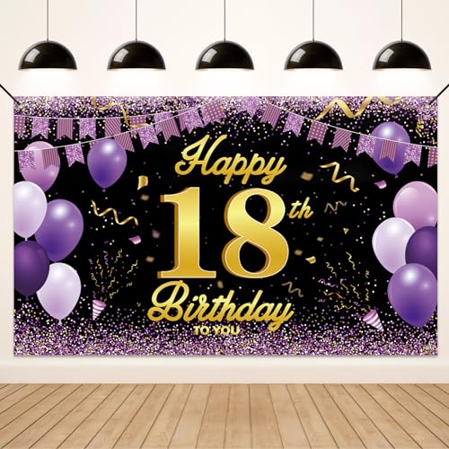 Koliphy 18. Geburtstag Deko, 18. Happy Birthday Banner für Jungen Mädchen, Schwarz Lila Stoff 18 Geburtstagsbanner Hintergrund Party Dekoration Drinnen und Draußen von Koliphy