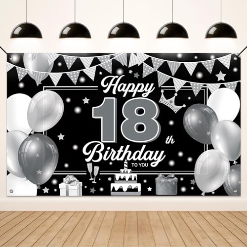 Koliphy 18. Geburtstag Deko, 18. Happy Birthday Banner für Jungen Mädchen, Silber Schwarz Stoff 18 Geburtstagsbanner Hintergrund Party Dekoration Drinnen und Draußen Koliphy 18. Geburtstag Deko, 18. Happy Birthday Banner für Jungen Mädchen, Silber Schwarz Stoff 18 Geburtstagsbanner Hintergrund Party Dekoration Drinnen und Draußen von Koliphy