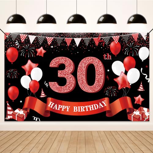 Koliphy 30. Geburtstagsdeko, 30. Happy Birthday Banner für Mann Frau, Schwarz Rot Stoff 30 Geburtstagsbanner Hintergrund Party Dekoration Drinnen und Draußen von Koliphy