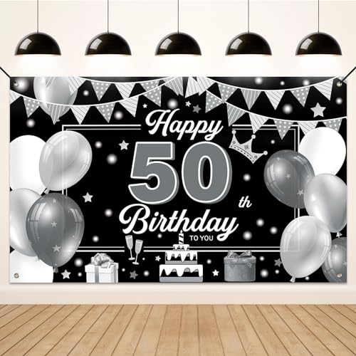 Koliphy 50. Geburtstag Deko, 50. Happy Birthday Banner für Mann Frau, Silber Schwarz Stoff 50 Geburtstagsbanner Hintergrund Party Dekoration Drinnen und Draußen Koliphy 50. Geburtstag Deko, 50. Happy Birthday Banner für Mann Frau, Silber Schwarz Stoff 50 Geburtstagsbanner Hintergrund Party Dekoration Drinnen und Draußen von Koliphy