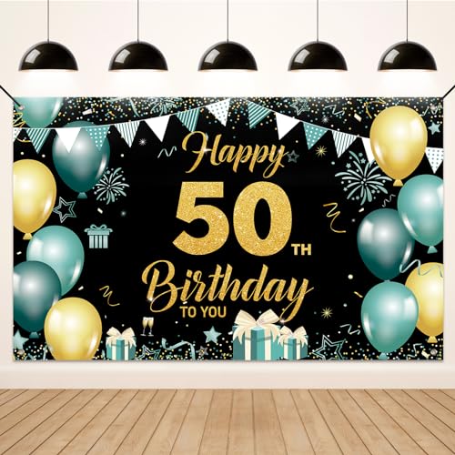 Koliphy 50. Geburtstagsdeko, 50. Happy Birthday Banner für Mann Frau, Grün Gold Stoff 50 Geburtstagsbanner Hintergrund Party Dekoration Drinnen und Draußen von Koliphy