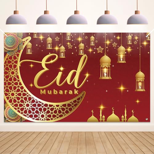 Koliphy Eid Mubarak Banner Deko, Eid Mubarak Deko Banner Muslim Gebete Eid Indoor Outdoor Al-Fitr Party Hintergrund Dekorationen, 180 x 110cm (Rot) von Koliphy