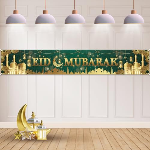 Koliphy Eid Mubarak Banner Deko, Super Long Eid Mubarak Deko Banner Muslim Gebete Eid Indoor Outdoor Al-Fitr Party Hintergrund Dekorationen, 300 x 50cm (Grün) von Koliphy