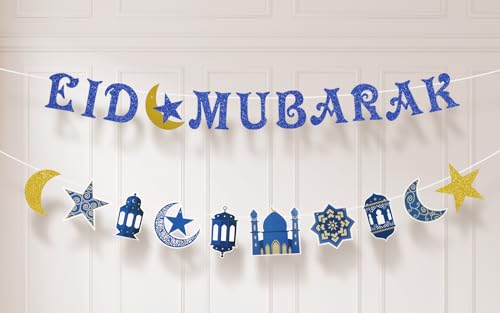 Koliphy Eid Deko, Eid Mubarak Banner Stern Mond Eid Dekorationen, Ramadan Mubarak Deko für Wimpelkette Flagge Muslimische Gebete al-Fitr Party, Eid Mubarak Deko Girlande(Blau) von Koliphy