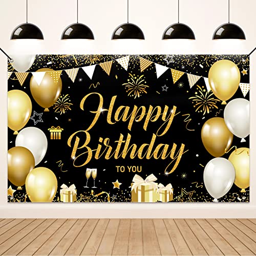 Koliphy Geburtstag Deko Banner, Happy Birthday Banner Schwarz Gold Geburtstagsdeko für Männ Frau, Stoff Geburtstagsbanner Dekoration Drinnen und Draußen von Koliphy