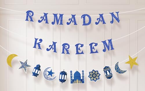 Koliphy Ramadan Deko, Ramadan Kareem Banner Stern Mond Ramadan Dekorationen, Eid Mubarak Deko für Wimpelkette Flagge Muslimische Gebete al-Fitr Party, Ramadan Deko Girlande(Blau) von Koliphy