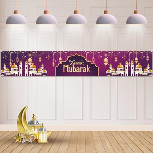 Koliphy Ramadan Mubarak Banner Deko, Super Long Ramadan Mubarak Deko Banner Muslimische Gebete Ramadan Indoor Outdoor Al-Fitr Party Hintergrund Dekoration, 300 x 50cm (Lila) von Koliphy