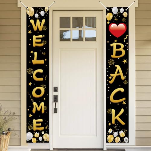 Koliphy Welcome Back Deko, Welcome Back Banner, Willkommen Zurück Banner für Familienfeiern Klassenzimmer Schule Saison Familie Partei Tür Dekoration, Schwarz Gold, 70.8 x 11.8Zoll von Koliphy