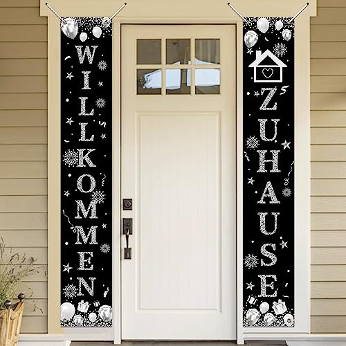 Koliphy Willkommen Zuhause Deko, Willkommen Zuhause Tür Banner für Heimkehr, Welcome Home Banner Familie Rückkehr Familienfeiern Silber Schwarz Party Dekoration, 70.8 x 11.8Zoll von Koliphy