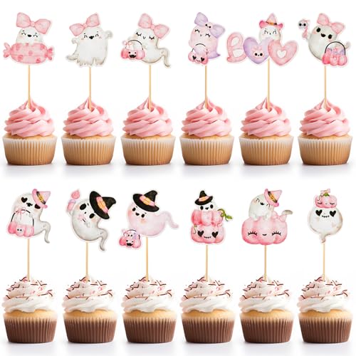 Kolldenn 36 Stück rosa Halloween-Geister-Cupcake-Topper, niedliche Geister-Cupcake-Topper für rosa Halloween-Partyzubehör, Babyparty, Geburtstagsparty, Kuchendekorationen von Kolldenn