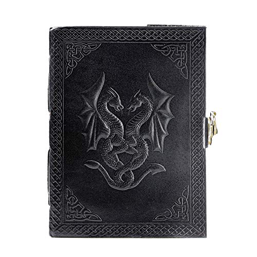 Komal’s Passion Leather Handgemachtes Leder Double Dragon Journal/Notizbuch Tagebuch/Gebundener täglicher Notizblock für Männer & Frauen Ungefüttertes Papiermedium (8 x 6, Black) von Komal’s Passion Leather