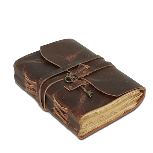 Leder-Tagebuch mit liniertem Büttenrandpapier 20,3 x 15,2 cm und Vintage-Schlüssel/handgefertigtes Schreib-Notizbuch/gebundener täglicher Notizblock für Männer und Frauen (8 x 6, Brown) von Komal’s Passion Leather