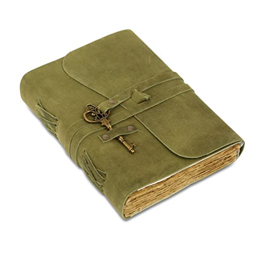 Leder-Tagebuch mit liniertem Büttenrandpapier 20,3 x 15,2 cm und Vintage-Schlüssel/handgefertigtes Schreib-Notizbuch/gebundener täglicher Notizblock für Männer und Frauen (8 x 6, Green) von Komal’s Passion Leather
