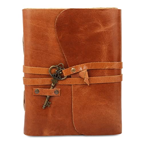 Leder-Tagebuch mit liniertem Büttenrandpapier 20,3 x 15,2 cm und Vintage-Schlüssel/handgefertigtes Schreib-Notizbuch/gebundener täglicher Notizblock für Männer und Frauen (8 x 6, Tan) von Komal’s Passion Leather