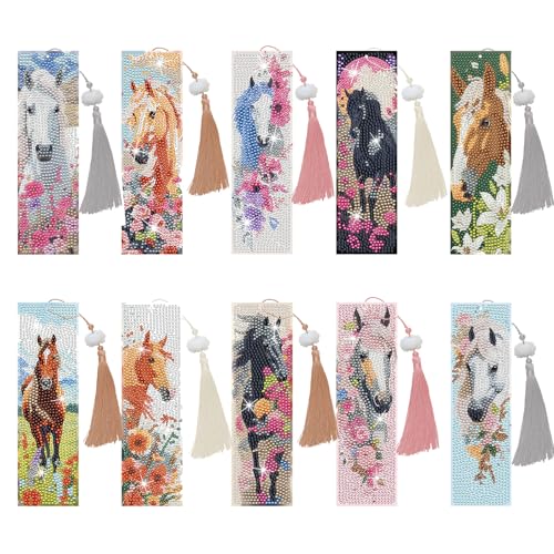 10 Stück Diamond Painting Lesezeichen Pferd, Pferde Mädchen Geschenk, 5D Diamond Painting Pferd, DIY Lesezeichen Bookmark mit Quastenanhänger für Mädchen Jungen von Komergave
