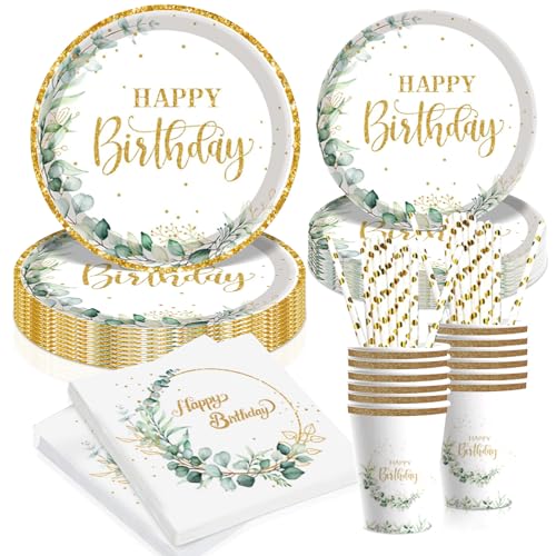 Komicea Geburtstagsdeko Partygeschirr Set, Eukalyptus Pappteller 100 stück für 20 Gäste, Happy Birthday Geburtstag Deko Frauen, Grün Partygeschirr Set für Mädchen Jungen Kindergeburtstag von Komicea
