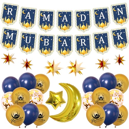 Komicea Ramadan Deko Set, Ramadan Mubarak Banner mit Luftballon, Gold Stern Mond Ramadan Kareem Dekorationen, Ramadan Mubarak Deko für Eid Festival Party Dekoration（Blau） von Komicea
