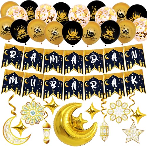 Komicea Ramadan Deko Set, Ramadan Mubarak Banner mit Luftballon, Gold Stern Mond Ramadan Kareem Dekorationen, Ramadan Mubarak Deko für Eid Festival Party Dekoration（Schwarz） von Komicea