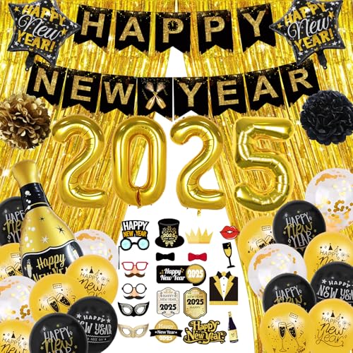 Silvester Deko 2025 Luftballon Goldene Schwarz, Happy New Year Party Dekorationen 2025, Silvester Party Dekoration Set mit Konfetti Ballons, Happy New Year Banner, 2025 Foto Requisite Party Deko von Komicea