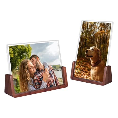 Komimaci Bilderrahmen, 2 Stück, rustikale Holz-Bilderrahmen mit Walnussholzsockel mit High-Definition-Acrylglasabdeckungen für Tischplatte oder Desktop-Display (10.2x15.2 cm, horizontal + vertikal) von Komimaci