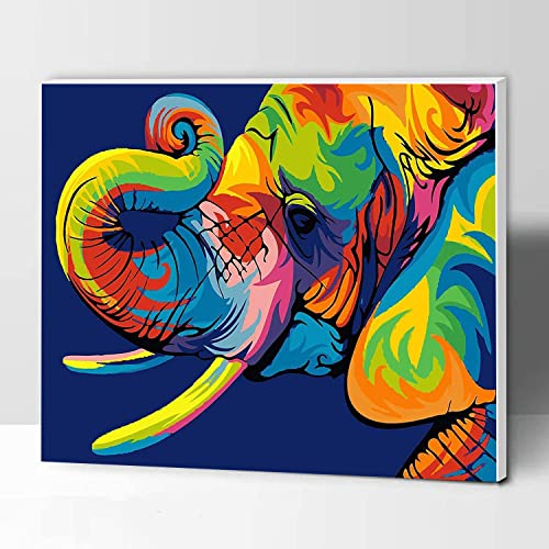 KOMKING DIY Acrylgemälde Malen nach Zahlen Kit für Kinder und Erwachsene Anfänger, bunte Tiere, Acrylgemälde auf Leinwand mit Rahmen, 30,5 x 40,6 cm – bunter Elefant von KOMKING