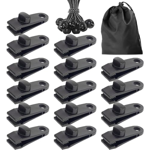 15 Stück Planenspanner & Befestigungsklammern + 15 elastische Spannseile mit Aufbewahrungsbeutel - Robuste Planenclips für Camping Plane, Markise zum Klemmen, Laufhaken für Sonnensegel & Planenbügel 15 Stück Planenspanner & Befestigungsklammern + 15 elastische Spannseile mit Aufbewahrungsbeutel - Robuste Planenclips für Camping Plane, Markise zum Klemmen, Laufhaken für Sonnensegel & Planenbügel von Komoke