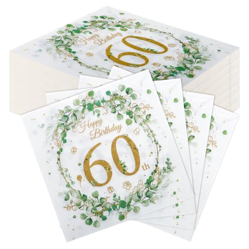 60 Stück Komoke Premium Servietten Eukalyptus Design für 60. Geburtstag | Salbeigrüne Luxus-Servietten (33x33 cm) | Elegante Tischdeko für Jubiläumsfeiern & Damenpartys von Komoke