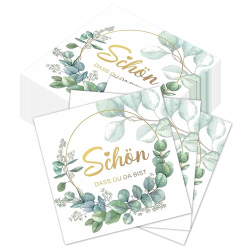 60 Stück Komoke Premium Servietten "Schön Dass Du Da Bist" mit Eukalyptus-Druck | 3-lagige Papierservietten (33x33 cm) | Für Geburtstage & Dankesfeiern | Natürliche Grüne Tischdeko von Komoke