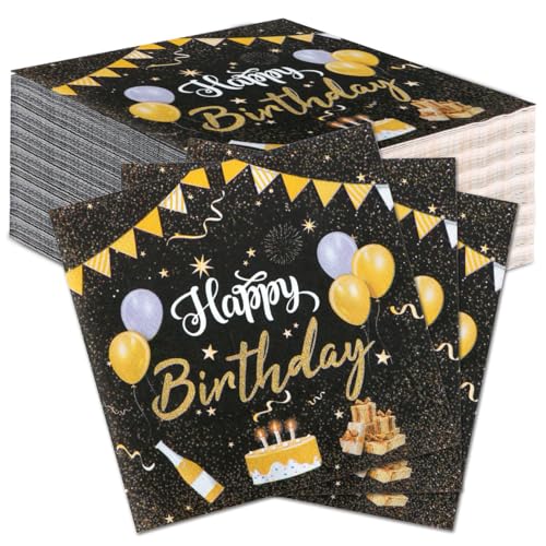 60 Stück Komoke Premium Servietten Schwarz Gold | Elegante Geburtstagsservietten (33x33 cm) | Für Damen- & Herrenpartys | Luxus Tischdeko für festliche Anlässe von Komoke