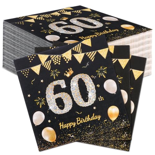 60 Stück Komoke Premium Servietten Schwarz Gold "Happy Birthday" | 60. Geburtstag Deko Servietten (33x33 cm) | Elegante Tischdeko für Frauen & Männer | Luxus Party Servietten Geburtstag von Komoke
