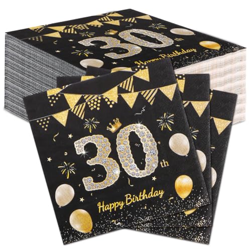 60 Stück Komoke Premium Servietten Schwarz Gold für 30. Geburtstag | Elegante Jubiläumsservietten (33x33 cm) | Perfekt für Damen- & Herrenpartys | Luxus Tischdeko von Komoke