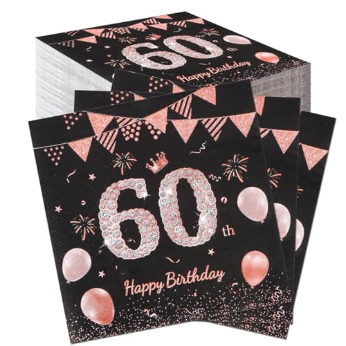 60 Stück Komoke Premium Servietten Schwarz-Rosegold | 60. Geburtstag Deko für Frauen | Elegante Party Servietten (33x33 cm) | Mit "Happy Birthday"-Prägung für festliche Tischdeko von Komoke
