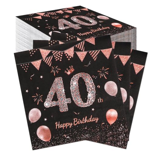 60 Stück Komoke Premium Servietten Schwarz Rosegold für 40. Geburtstag | Elegante Jubiläumsservietten (33x33 cm) | Speziell für Frauenpartys | Luxus Tischdeko von Komoke