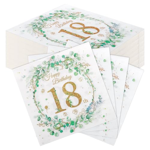 60 Stück Komoke Servietten Eukalyptus Grün für 18. Geburtstag | Salbeigrüne Party-Servietten mit Zahlen-Design (33x33 cm) | Elegante Tischdeko für Mädchen-Partys & Erwachsenenfeiern von Komoke