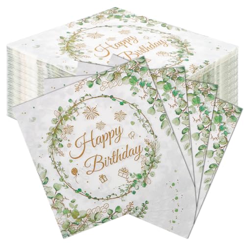 60 Stück Komoke Servietten Eukalyptus Grün mit Zahlen-Design | Salbeigrüne Geburtstagsservietten (33x33 cm) | Für Mädchen-Partys & Tischdeko | Elegante Party-Deko für Feiern von Komoke