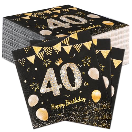 60 Stück Komoke Servietten Schwarz Gold "Happy Birthday" | 40. Geburtstag Deko Servietten (33x33 cm) | Premium Tischdeko für Frauen/Männer | Elegante Party Servietten Geburtstag von Komoke