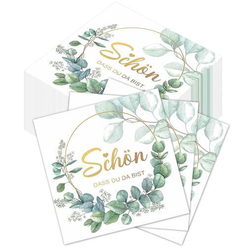 80 Stück Komoke Servietten "Schön Dass Du Da Bist" mit Eukalyptus-Muster | 3-lagige Papierservietten (33x33 cm) | Für Geburtstage, Partys & Feiern | Grüne Blatt-Deko von Komoke