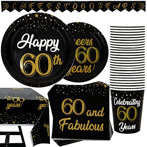 102-teiliges Set 60. Geburtstag Partybedarf, besteht aus Tellern, Tassen, Servietten, Banner und Tischtuch, für 25 Personen von Kompanion