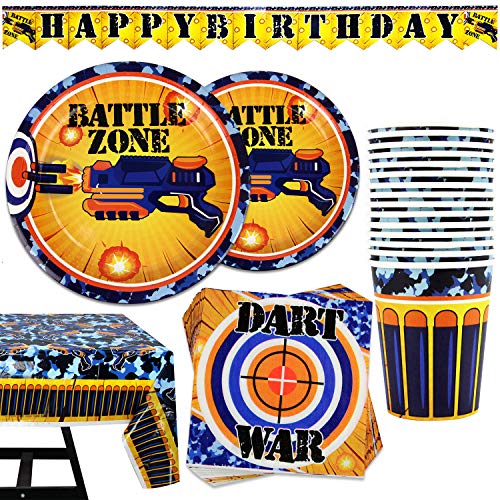 Kompanion Dart War Party Set - 102 Stück Partyzubehör Set mit Banner, Teller, Tassen, Servietten, Tischdecke - für 25 Personen, perfekt für Geburtstagsfeiern und thematische Feiern von Kompanion