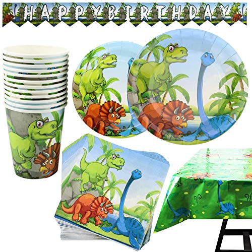 Kompanion Dinosaurier-Partyset – 102-teiliges Partyzubehör-Set mit Banner, Tellern, Bechern, Servietten, Tischdecke – für 25 Personen, perfekt für Kindergeburtstage und Mottofeiern von Kompanion