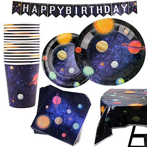 Kompanion Weltraum-Party-Set – 102-teiliges Partyzubehör-Set mit Banner, Tellern, Bechern, Servietten, Tischdecke – für 25 Personen, perfekt für Geburtstagsfeiern und Motto-Feiern von Kompanion