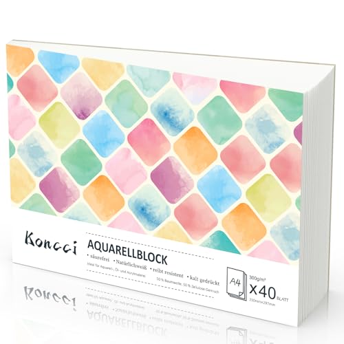 Koncci Aquarellpapier A4, 40 Blatt Aquarellblock, Kaltgepresst 300g/m² Weißes Aquarell Papier, Watercolor paper für Aquarellmalerei und Zeichnung, Geeignet für Studenten, Anfänger, Künstler Koncci Aquarellpapier A4, 40 Blatt Aquarellblock, Kaltgepresst 300g/m² Weißes Aquarell Papier, Watercolor paper für Aquarellmalerei und Zeichnung, Geeignet für Studenten, Anfänger, Künstler von Koncci
