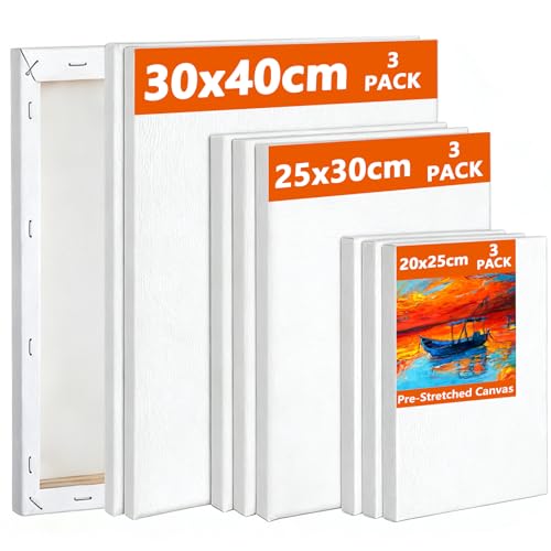 Koncci Leinwand zum Bemalen, 9 Stück 3 Größe Keilrahmen, 20x25, 25x30, 30x40cm(je 3 Stück), 280g/m² Dreifach Grundiert Baumwolle Leinwand, Leinwände für Acrylfarbe, Aquarell, Öl, Gouache von Koncci
