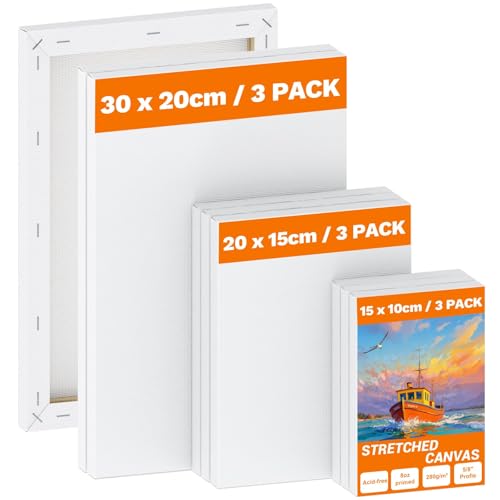 Koncci Keilrahmen Leinwand zum Bemalen - 9 Stück (30x20 20x15 15x10cm) Leinwand aus Säurefreie Baumwolle 280g/m² Dreifach Grundiert, Canvas Leinwände für Acrylfarben Ölgemälde, Anfänger Künstler von Koncci