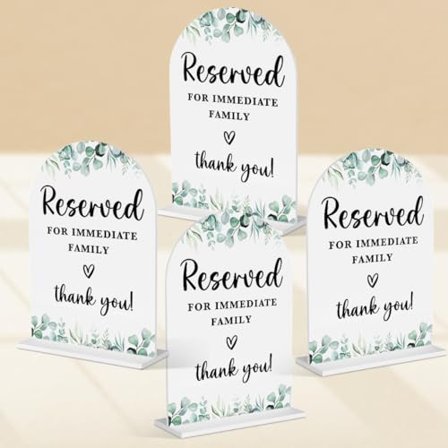 Acryl-Hochzeitsschild, Brautparty, Dekoration, reservierte Sitzplätze für sofortige Familie, moderne Schriftart, Tischschilder, Acryl-Tischplatte für Hochzeitsempfang (weiße Eukalyptusblätter), 4 von KongMoTree