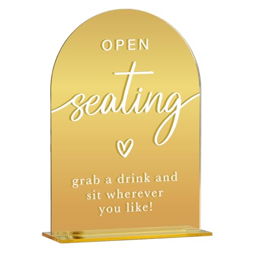 Acryl-Hochzeitsschild, Brautparty-Dekorationen, offene Sitzplätze für Zeremonie, moderne Schriftart, Tischschilder, goldfarben, spiegelgewölbte Acryl-Tischschilder für Hochzeitsempfang und Event-Party von KongMoTree