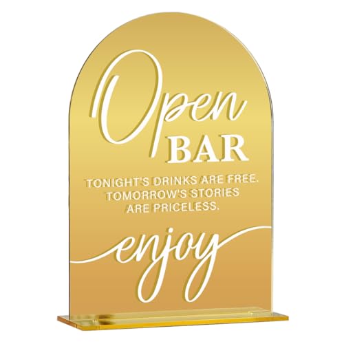 Acryl-Hochzeitsschild, Brautparty-Dekorationen, offenes Barschild für Zeremonie, moderne Schriftart, Tischschilder, goldfarbene spiegelgewölbte Acryl-Tischschilder für Hochzeitsempfang und Event-Party von KongMoTree