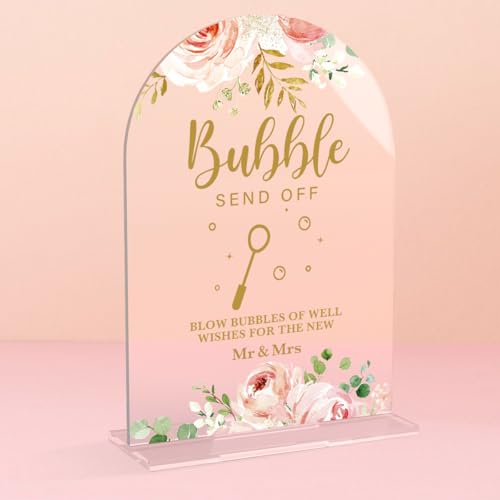 Acryl-Hochzeitsschilder, Brautparty-Dekorationen, Blasenschilder für den Empfang, moderner Kalligraphiebogen, Acryl-Tischplatte, Schild für Hochzeitsempfang und Verlobungsfeiern (klare rosa Blumen) von KongMoTree