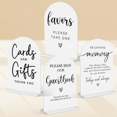 Acryl-Hochzeitsschilder für Zeremonie und Empfang, Brautparty-Dekorationen, Karten und Geschenke, Gästebuch-Schild, Bogen, Acryl-Tischplattenschild mit Halter für Hochzeitsempfang (weiß), 4 Stück von KongMoTree